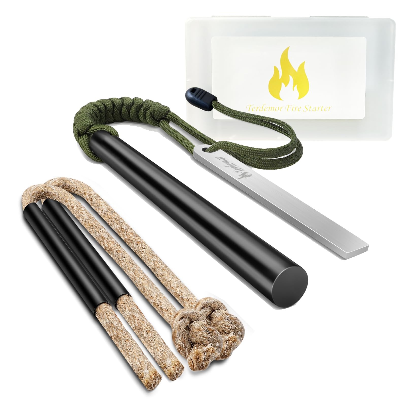 Ferro Rod Fire Starter Kit – 5" Flint and Steel with Two Waxed Tinder Cord & ...