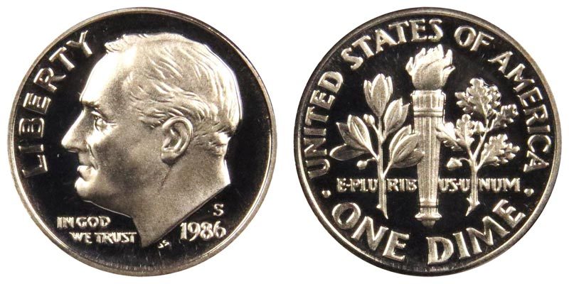 1986 S GEM BU PROOF ROOSEVELT DIME 10 CENT BRILLIANT UNCIRCULATED PF COIN #3007