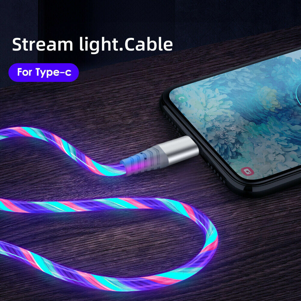 3.3ft Fast Charging LED Light Up Flash Cable USB Type C Charger Cord For iPhone