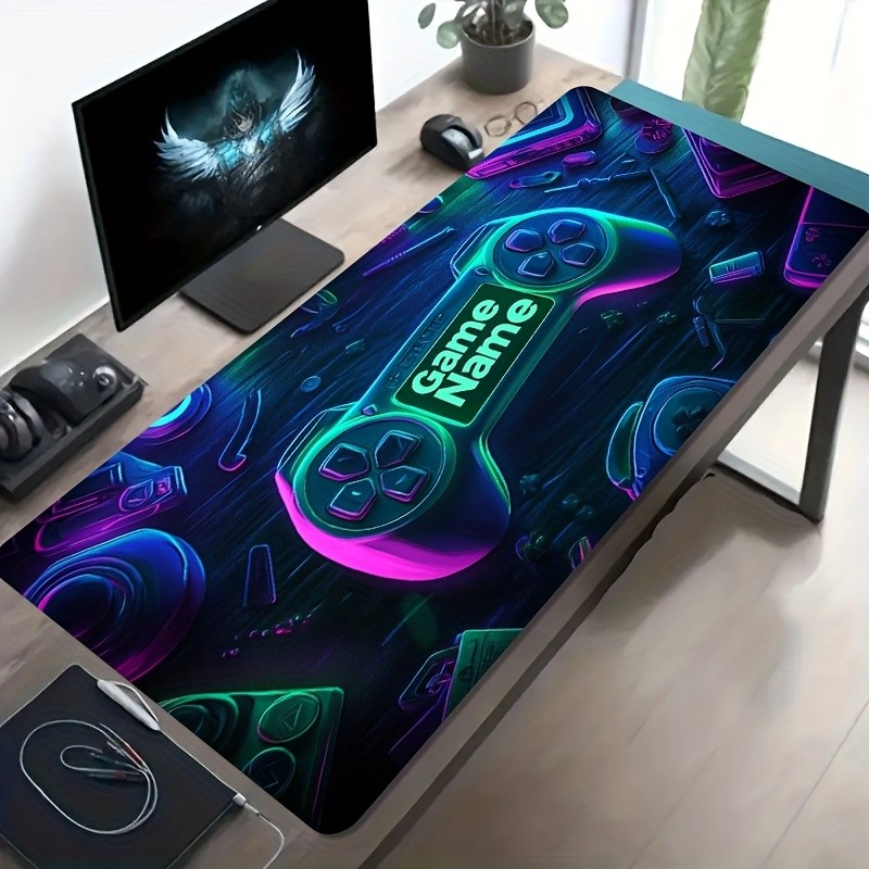 A Large Electronic Sports Gaming Mouse Pad Featuring a Neon Game Controller An