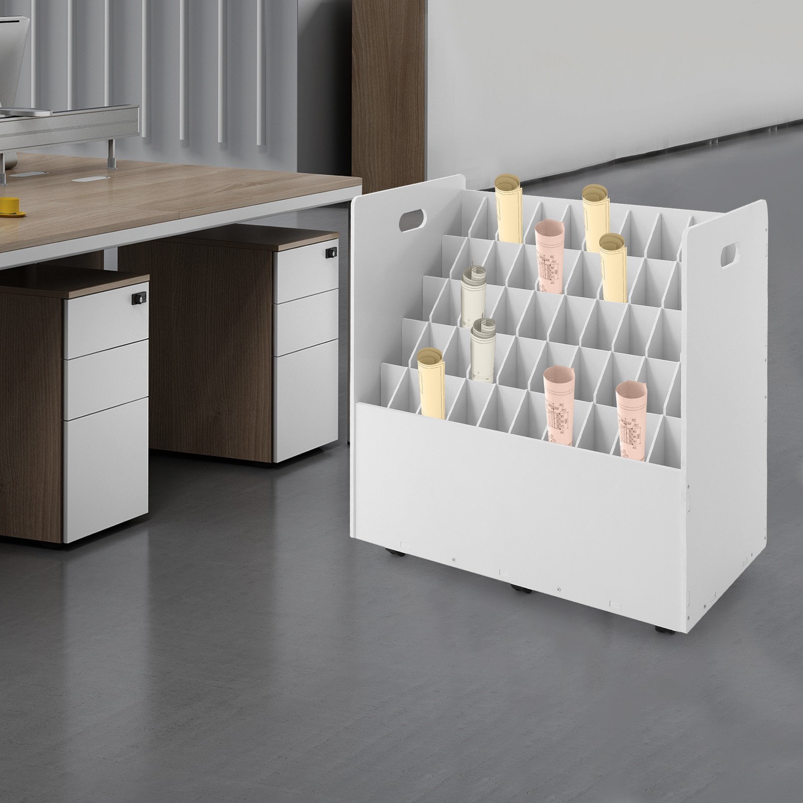 50-slot Blueprint Organizer, Roll File Storage Holder, Movable Roll File Cart