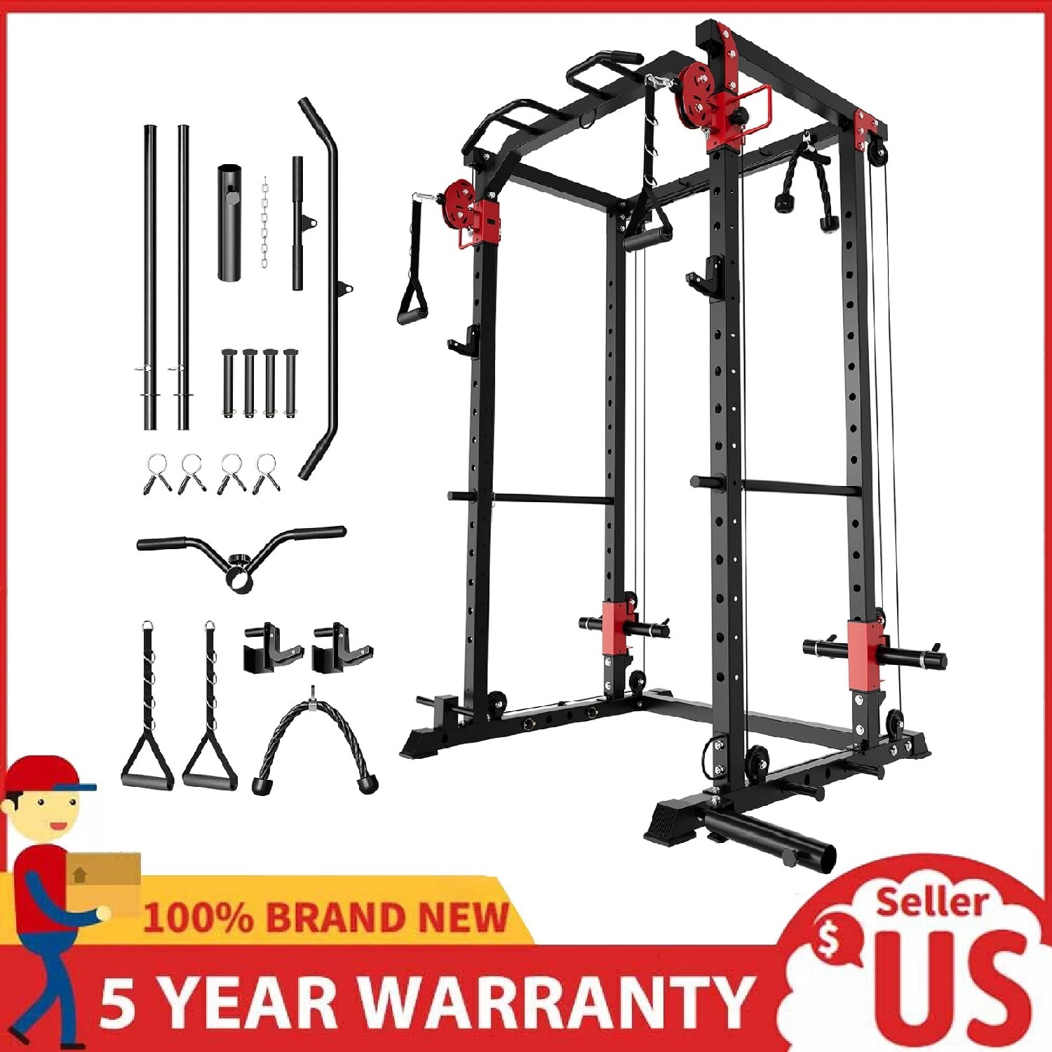 Power Cage Power Rack with LAT Pull Down & Cable Crossover Workout for Home Gym