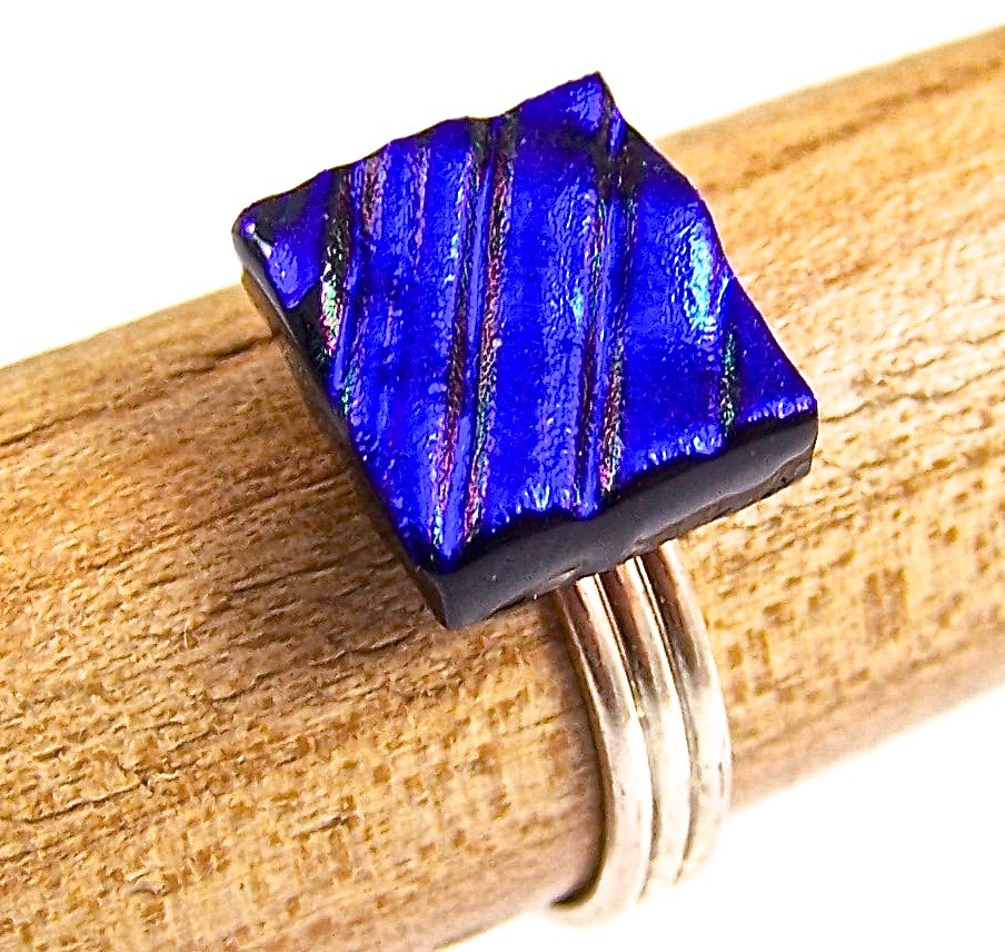 Dichroic Glass Ring Adjustable Blue Sapphire Royal Stripes Patterned Tiny 10mm