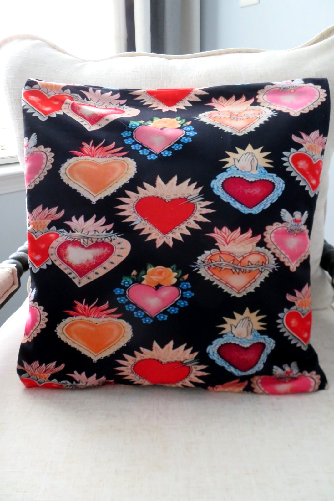 New SACRED HEART Ex Voto Milagros PILLOW COVER  18x18 Flaming Heart No Insert