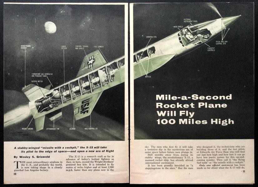 North American X-15 1958 article “Experimental Rocket Plane Will Fly 100 Miles"