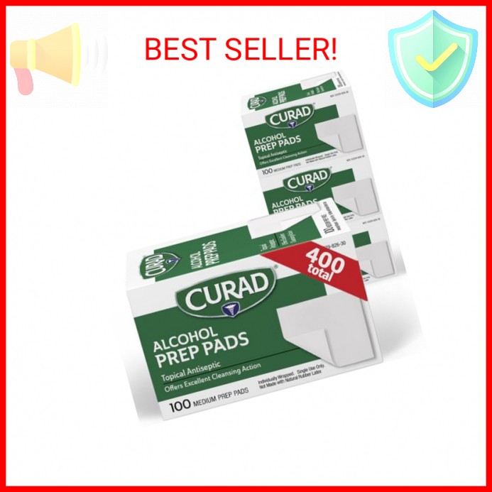 CURAD Alcohol Prep Pads (Pack of 4 Boxes) | 400 Pieces of Medium Isopropyl Wipes