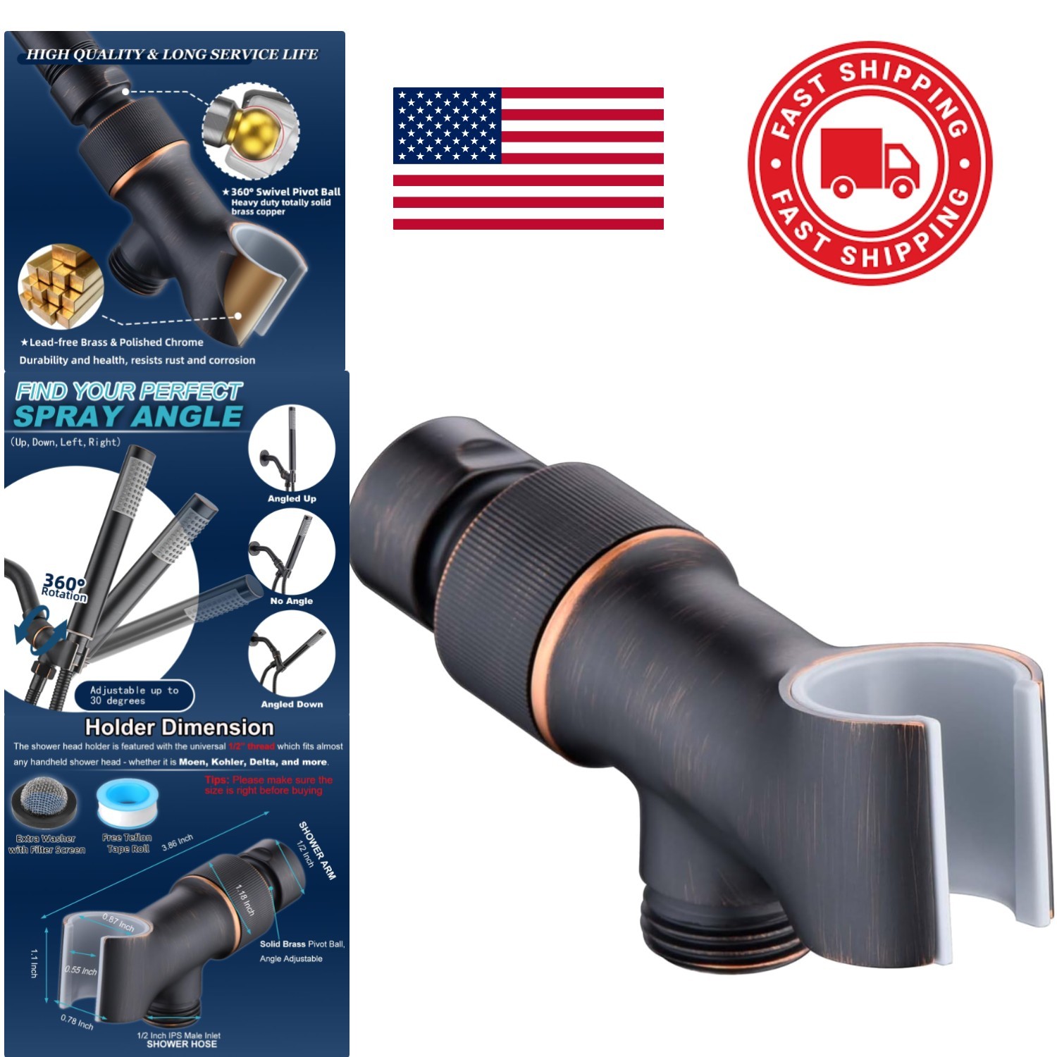 Brass Shower Head Arm Mount Adjustable Fit for Most Handheld Showers
