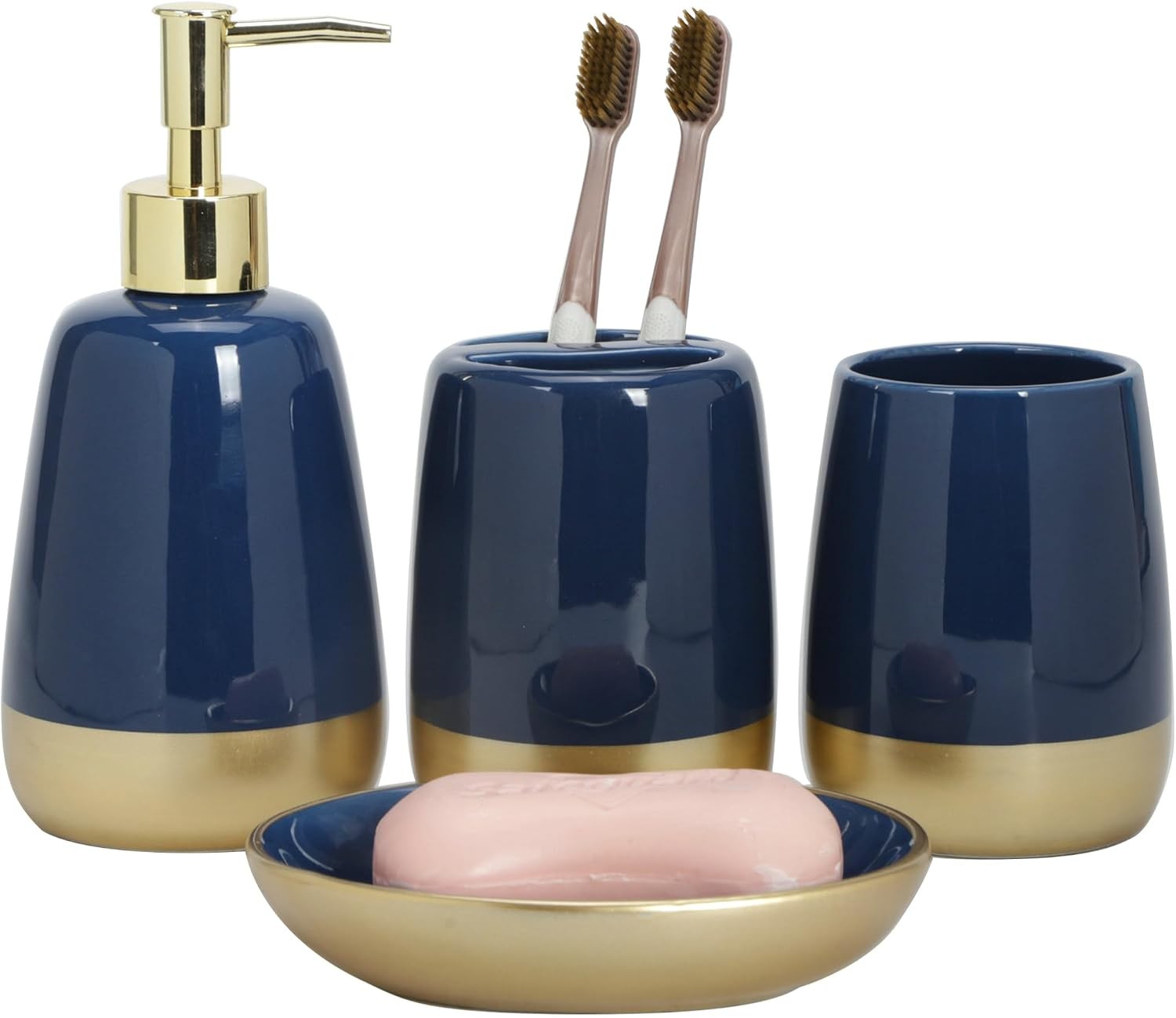 Navy Blue Gold Luxury Bathroom Accessories Set 4 Pieces,Vanity Countertop Cerami
