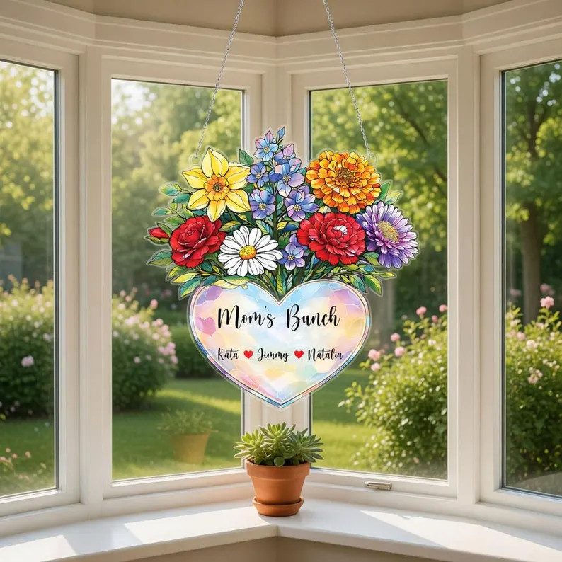 Personalized Heart Flower Suncatcher Acrylic Window Decor Gift