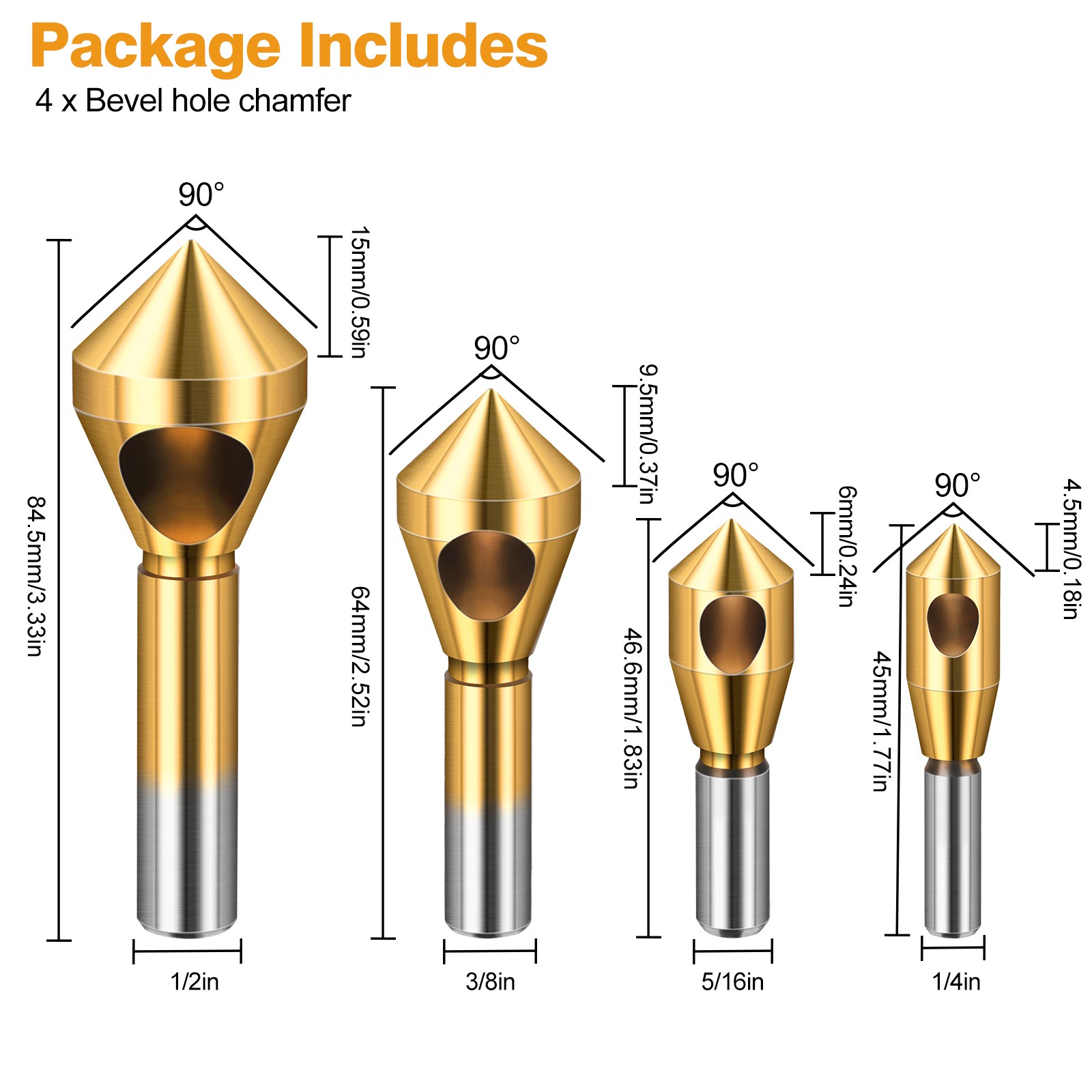 Countersink Drill Bit Set 1/2-1/4" HSS 90° Chamfer Tool for Deburring Beveling