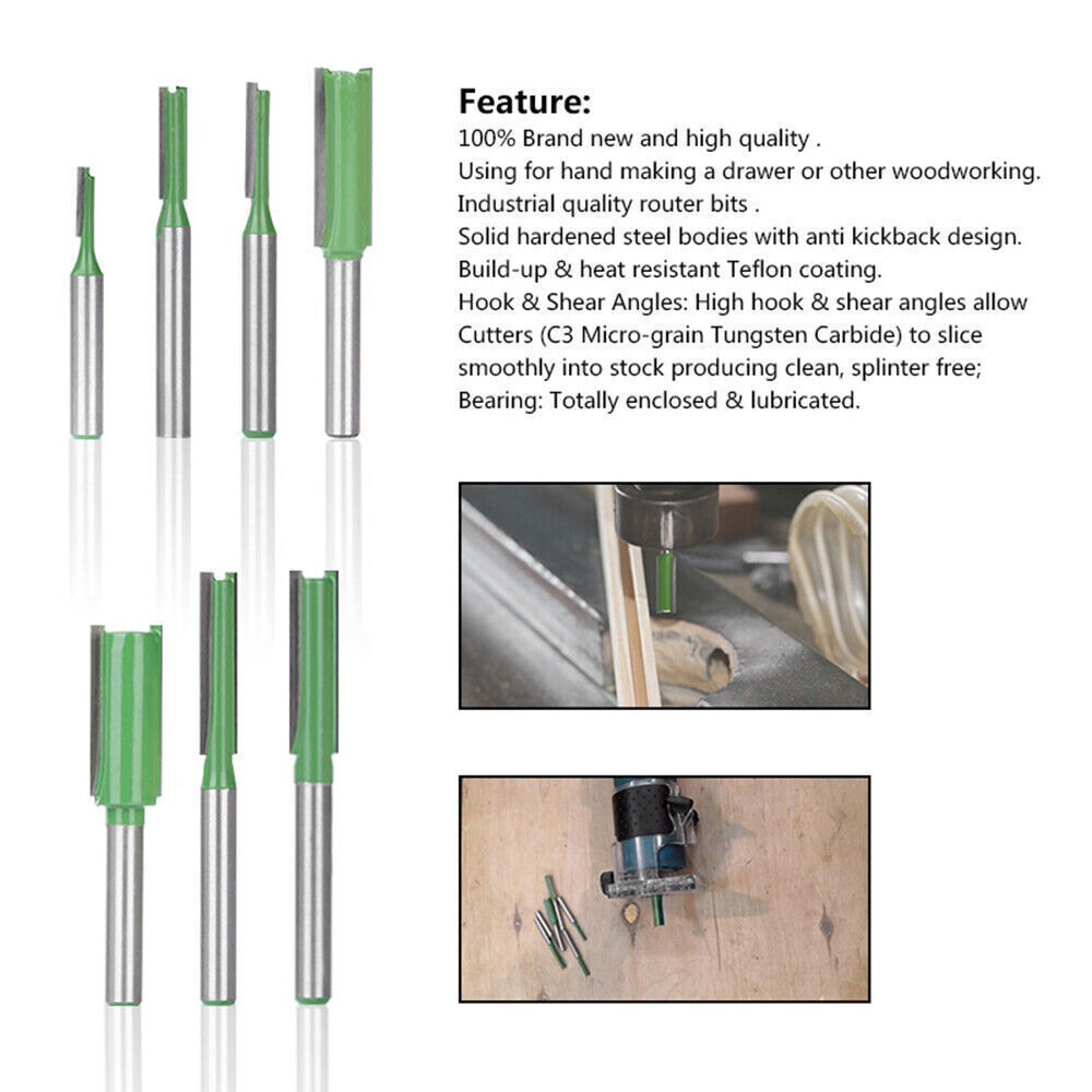 7Pcs 1/4" Shank Single Double Flute Straight Router Bit Tool Set For Woodworking