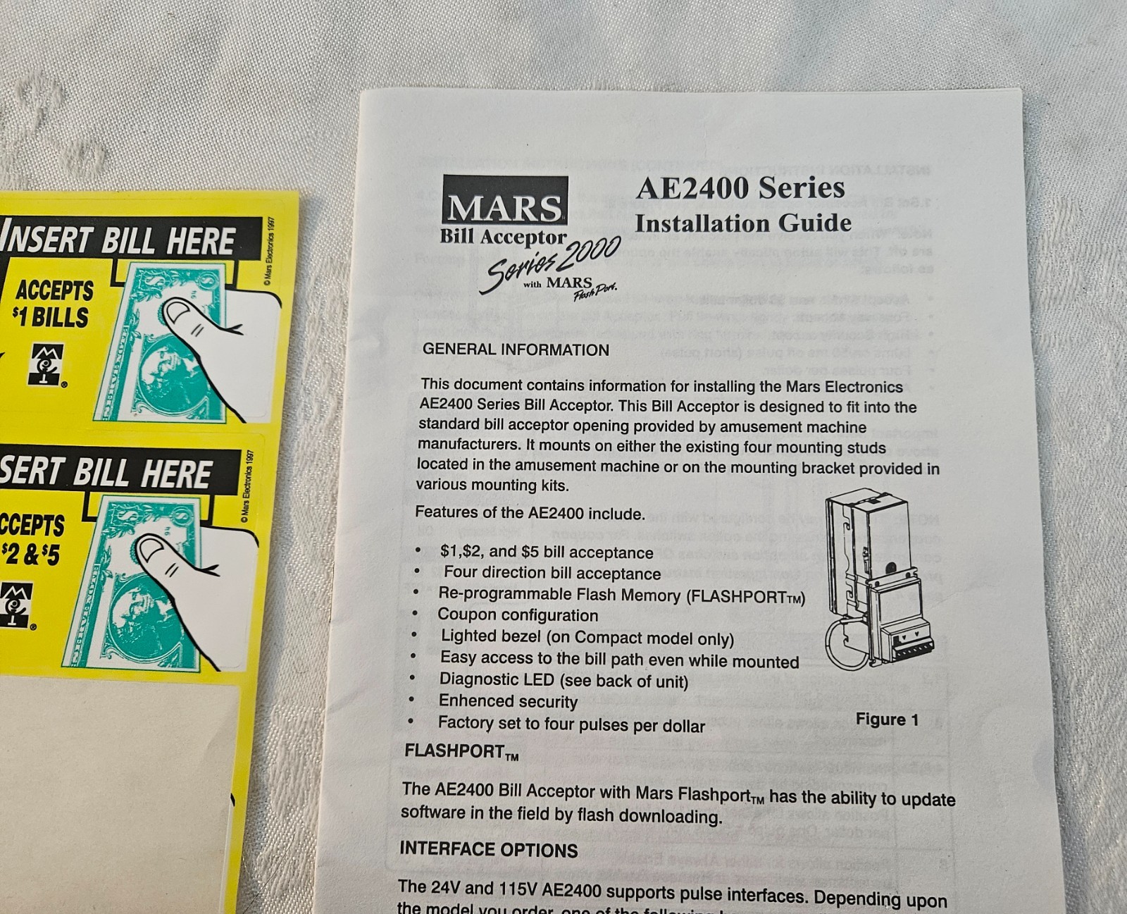 MARS Bill Acceptor AE2400 Series Installation Guide Manual w Couple Stickers