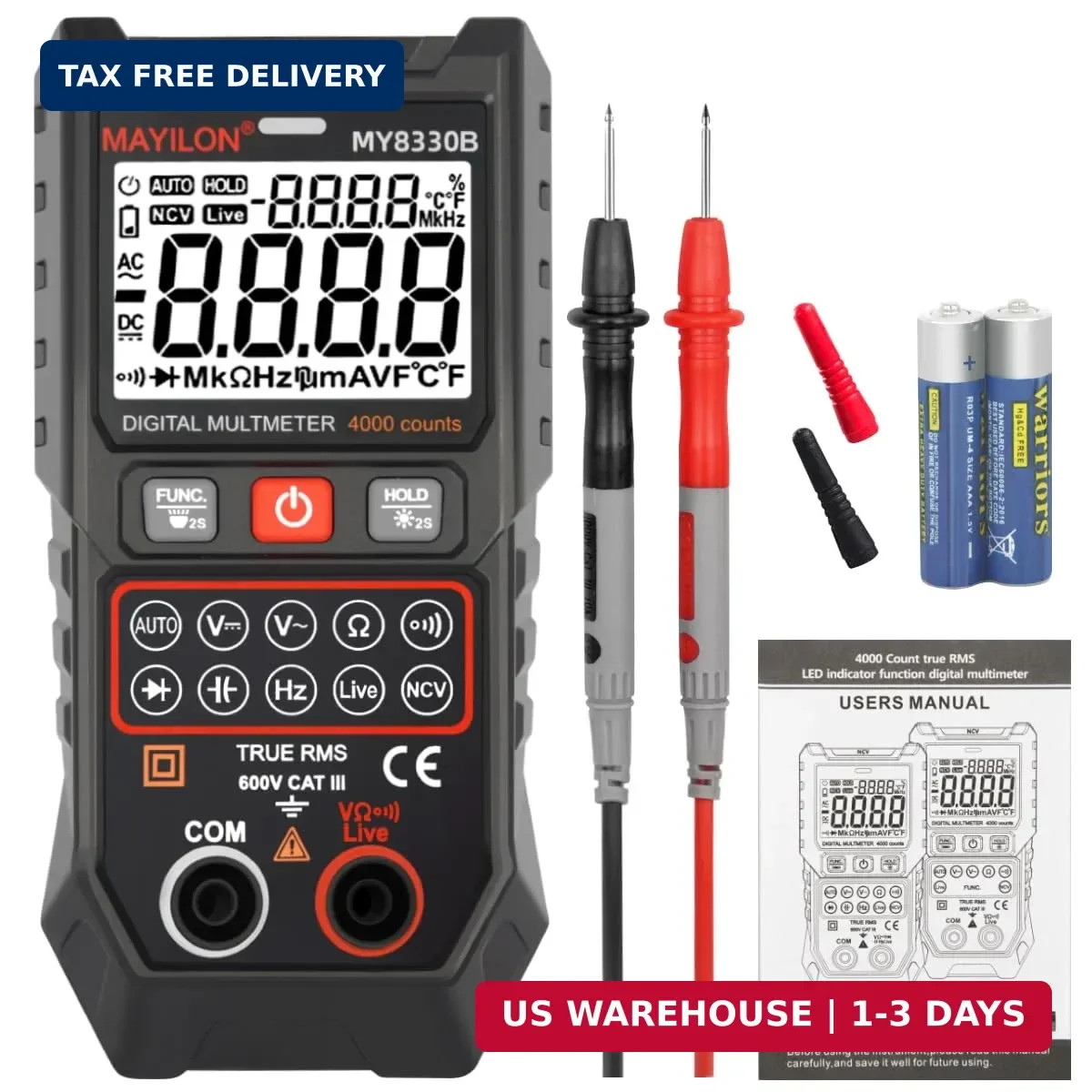 Multimeter TRMS 4000 Counts Digital Multimeter DC AC Voltage Tester Auto-Ranging
