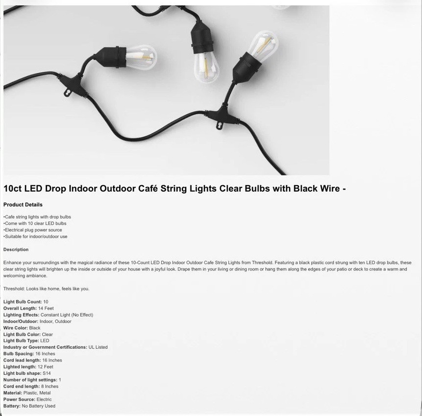 Threshold 10ct LED Drop Indoor Outdoor Café String Lights Clear Bulbs Black Wire