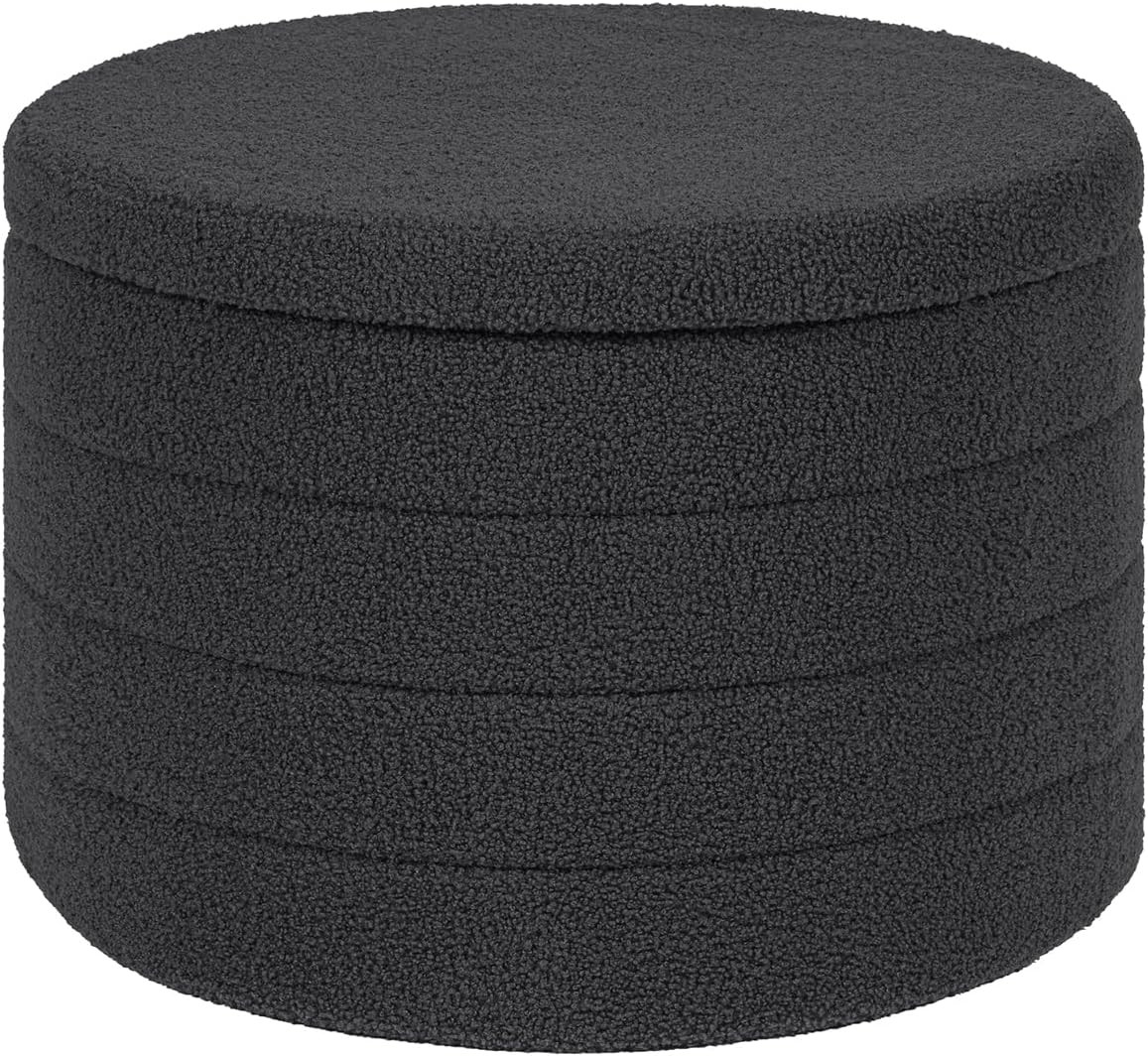 22" Round Dark Grey Boucle Ottoman with Storage - Sherpa Fabric Footstool