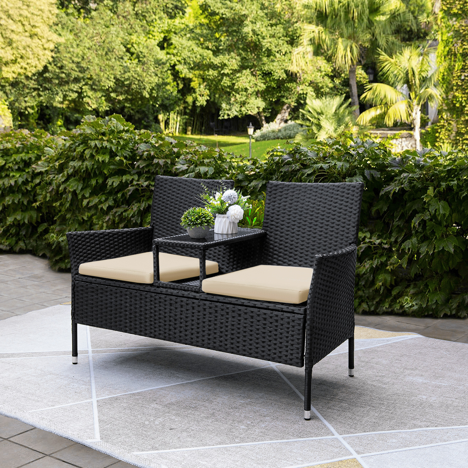 Outdoor Patio Loveseat Modern Rattan Patio Conversation Furniture Set Beige ﻿