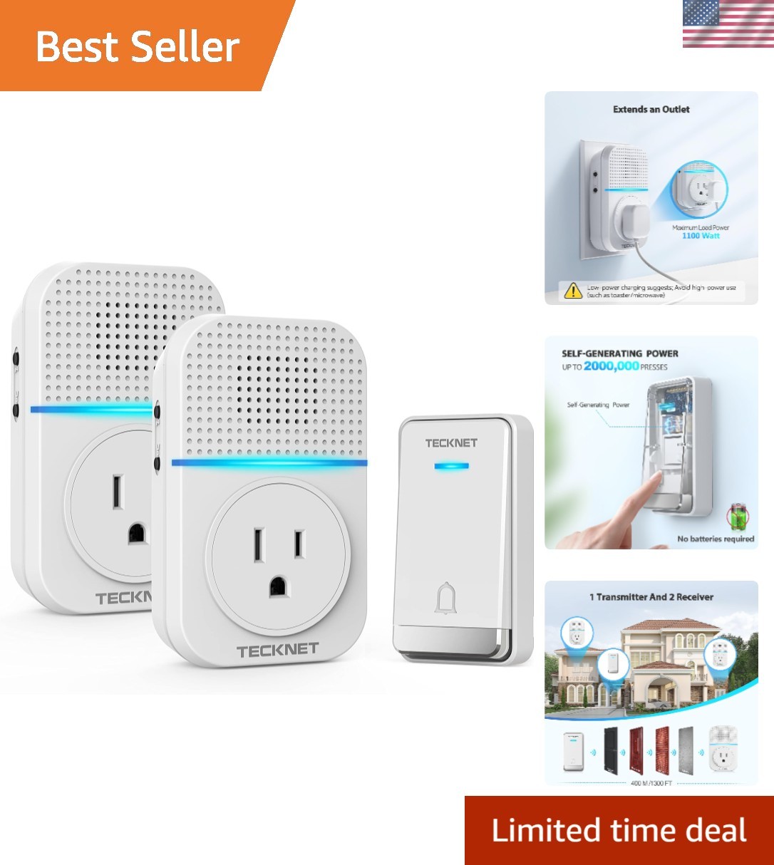 Wireless Doorbell, Self-Powered Doorbell, 0-110db Plug-through Wireless Doorb...