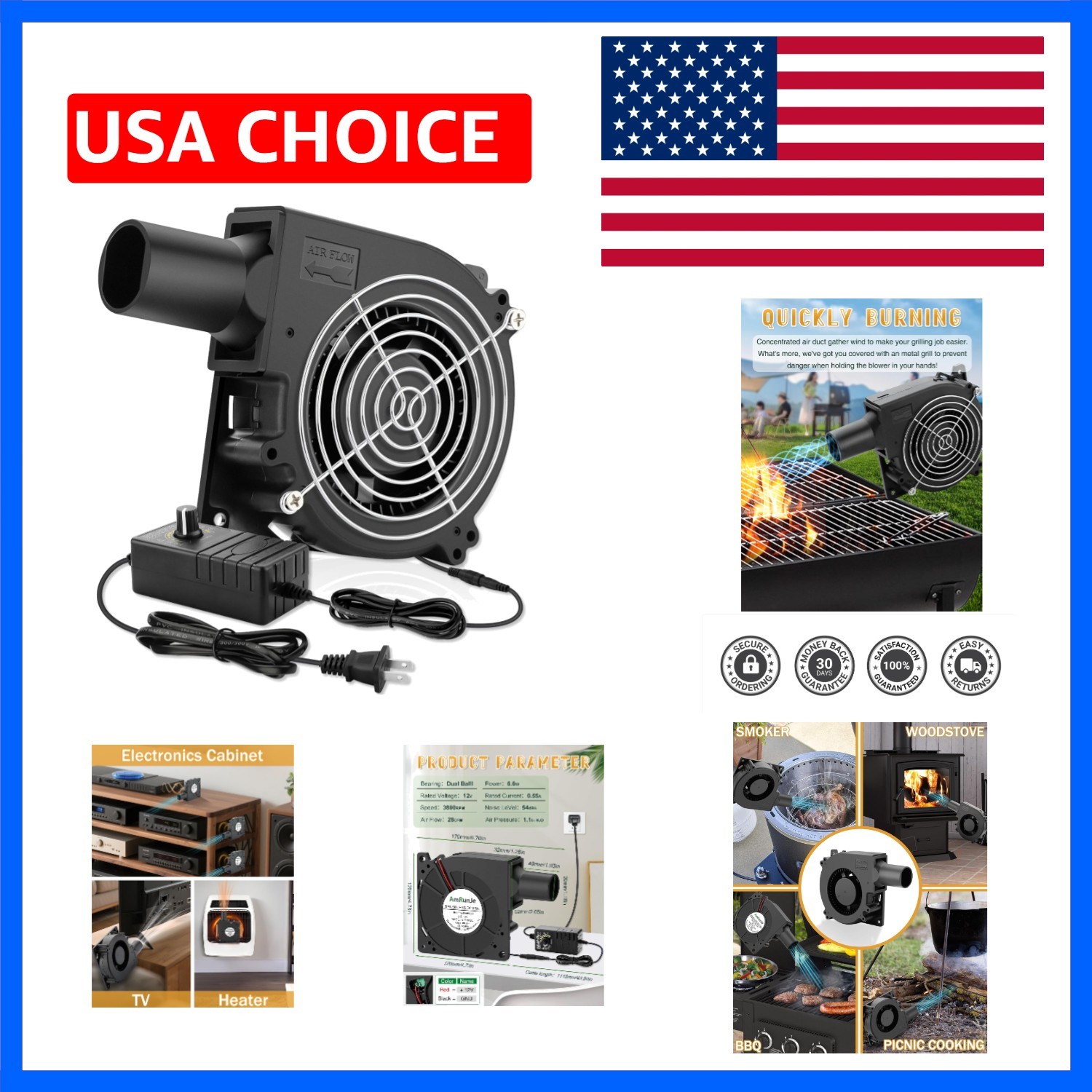 120mm BBQ 12V Blower Fan with 110v-240v AC Plug Variable Speed Controller, Sq...
