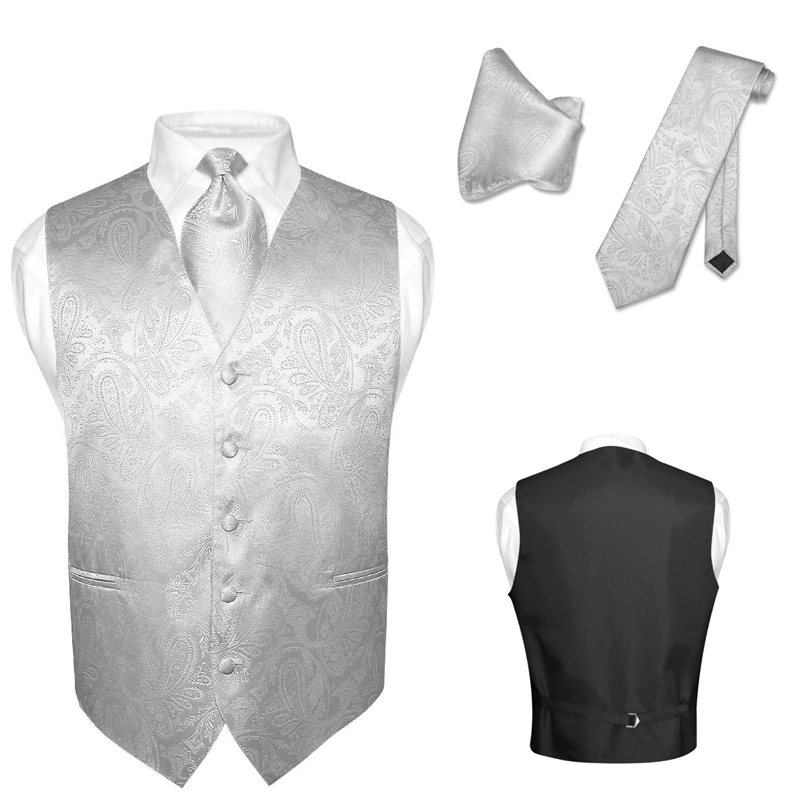 Men's Dress VEST NeckTie for Suit SILVER GRAY Grey PAISLEY Design Tie Hanky Set