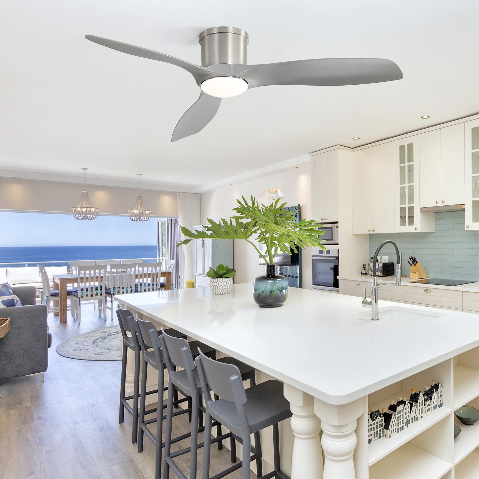 52"Flush Mount Ceiling Fan with Dimmable Led Light 3 ABS Fan Blades Reversible