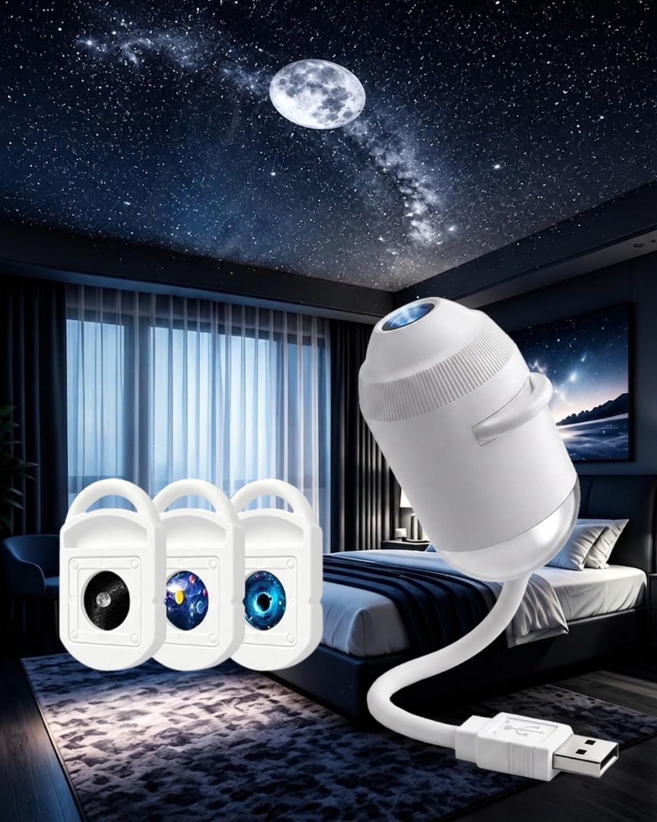 Plug and Play HD Star Projector Night Light, USB Galaxy Ocean Ceiling Projector