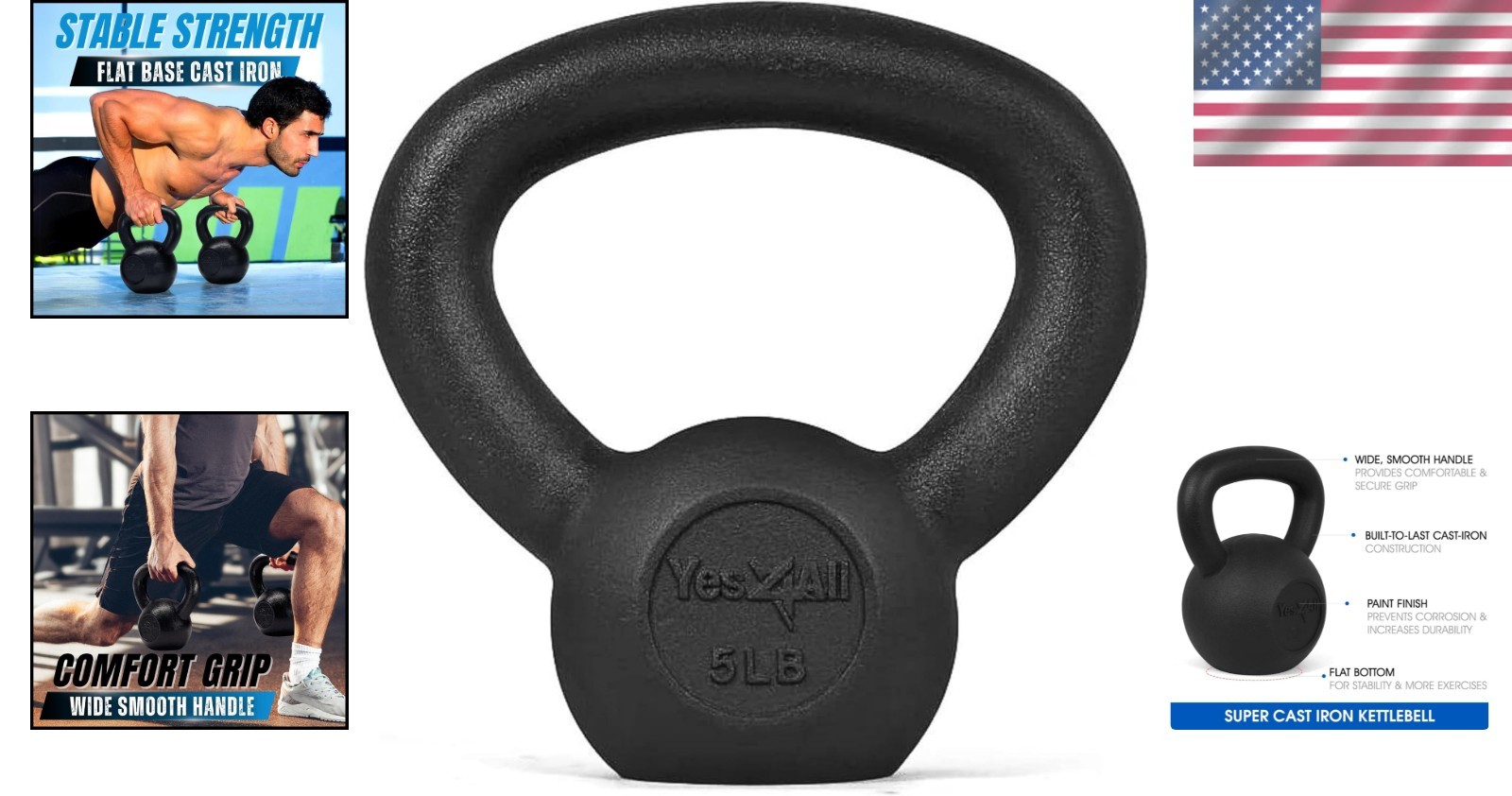 5-80 lb Solid Cast Iron Kettlebell Set for Full Body Strength Training Workouts