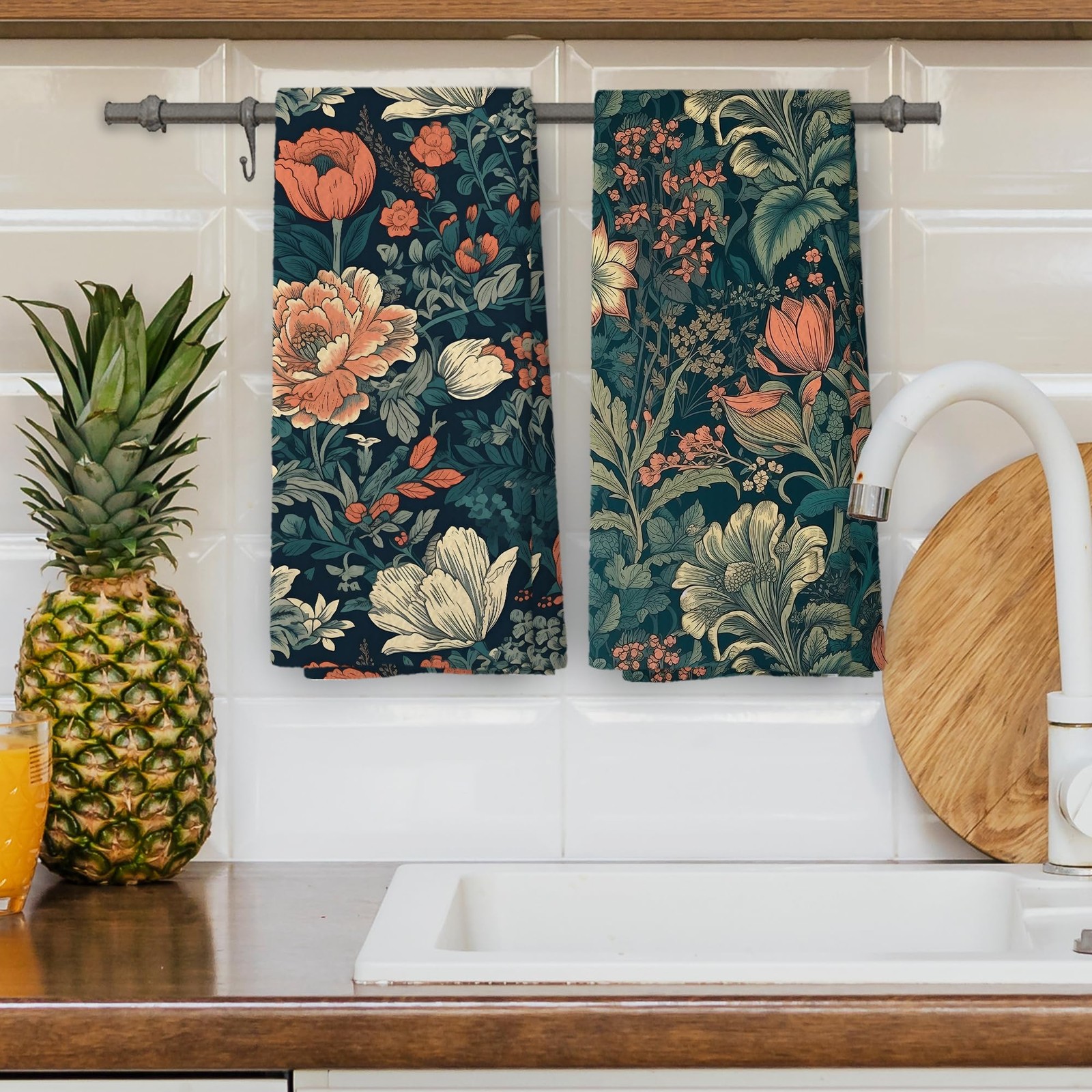 Vintage Cottagecore Floral Kitchen Dish Towels, Retro Rustic Midcentury Moder...