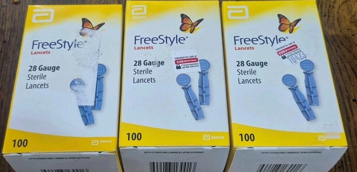 LOT of 3 BOXES (100 ct) Each FREESTYLE 28 GAUGE STERILE LANCETS. Sealed Boxes.