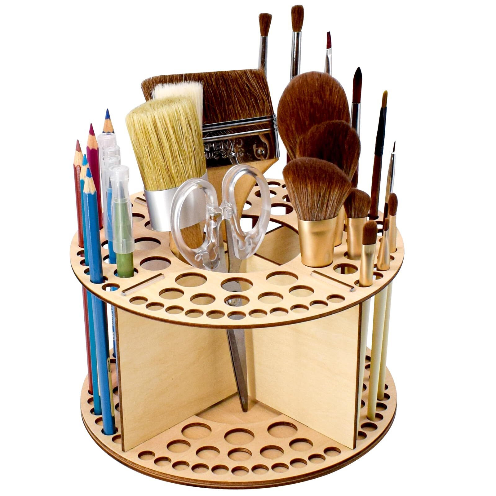 Wooden Paint Brush Holder 76 Holes and 4 Compartments Round Paintbrush Holder...