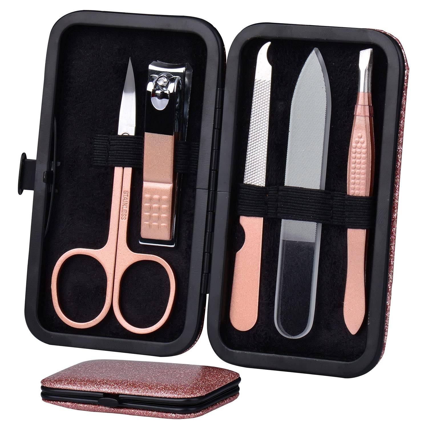 HANTEKAS Manicure Set Nail Clippers Kit 5 Pieces in 1 Black-rose Gold, 5pcs