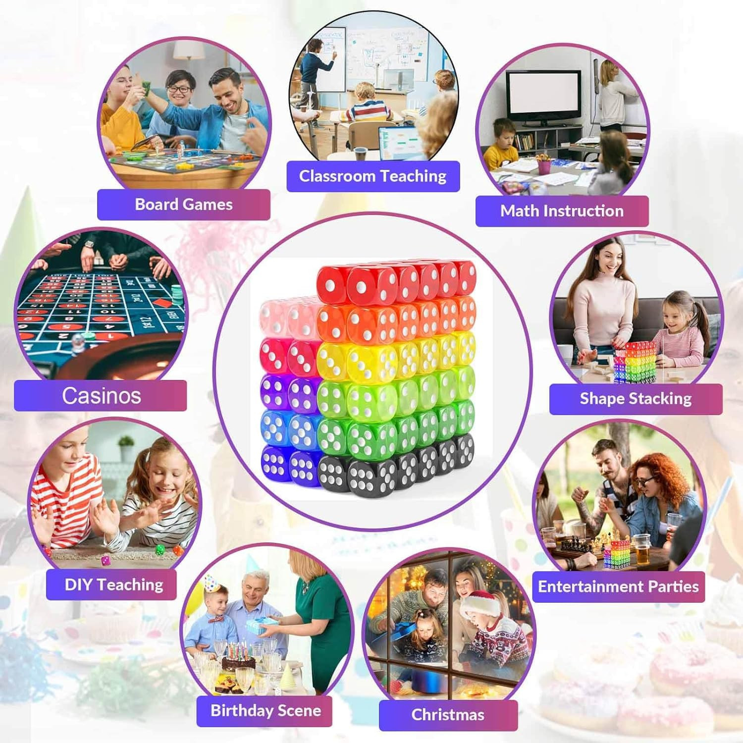 110 Piece Colored Dice Set, 6-Sided Bulk Dice for Classroom and Board Games
