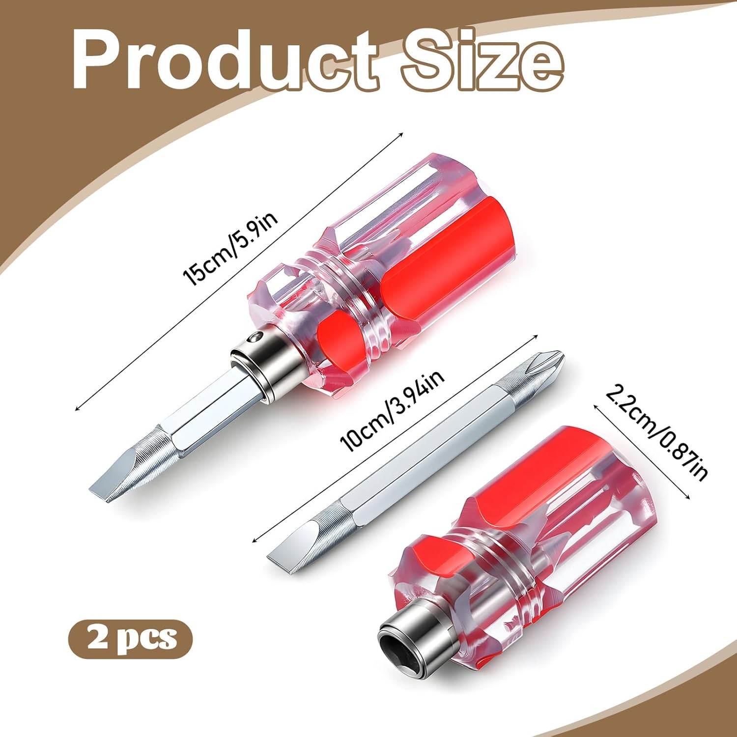 2 Pack Stubby Screwdriver Phillips and Flat Head Dual-Use Magnetic Short Red