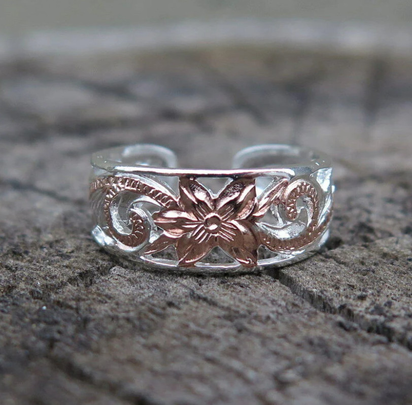 Hawaiian 925K Sterling Silver Scrolling Toe Ring 8mm Rose Gold Plate TR1087