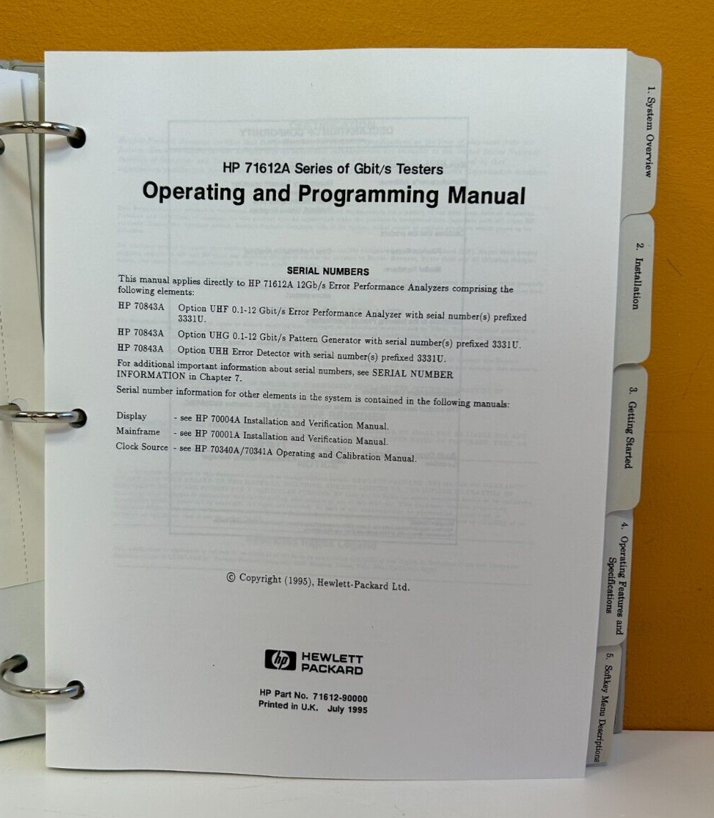 HP / Agilent 71612-90000 1995 Gbit/s Testers Operating & Programming Manual.
