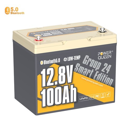Power Queen 12V 100Ah Smart Bluetooth Group 24 LiFePO4 Battery for Solar RV Boat