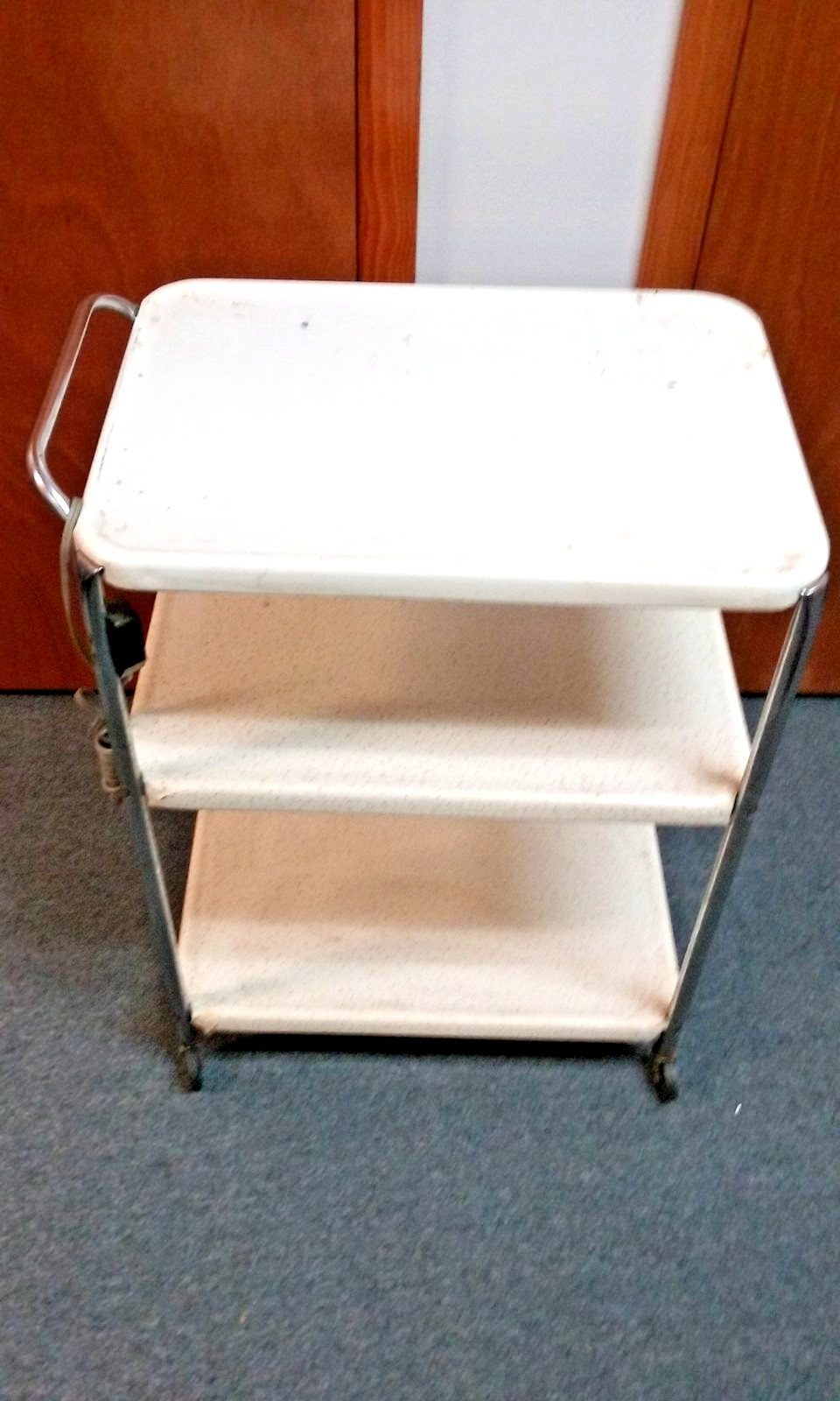 vintage 3 Tier White Kitchen Rolling Metal & Chrome Cart with Power Outlet