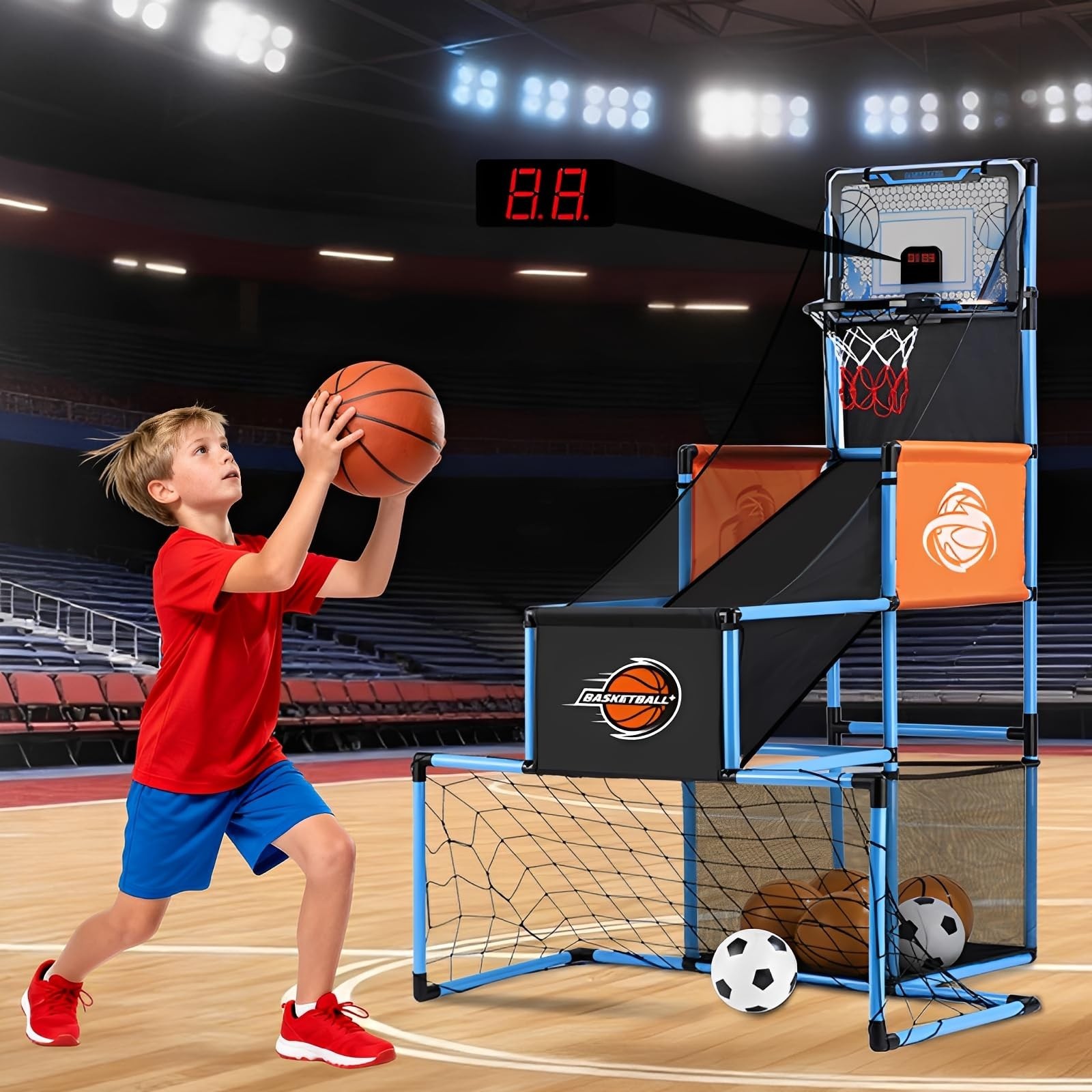 2 in 1 Basketball Arcade Game & Soccer Goal for Kids, Adjustable Kid Basketba...