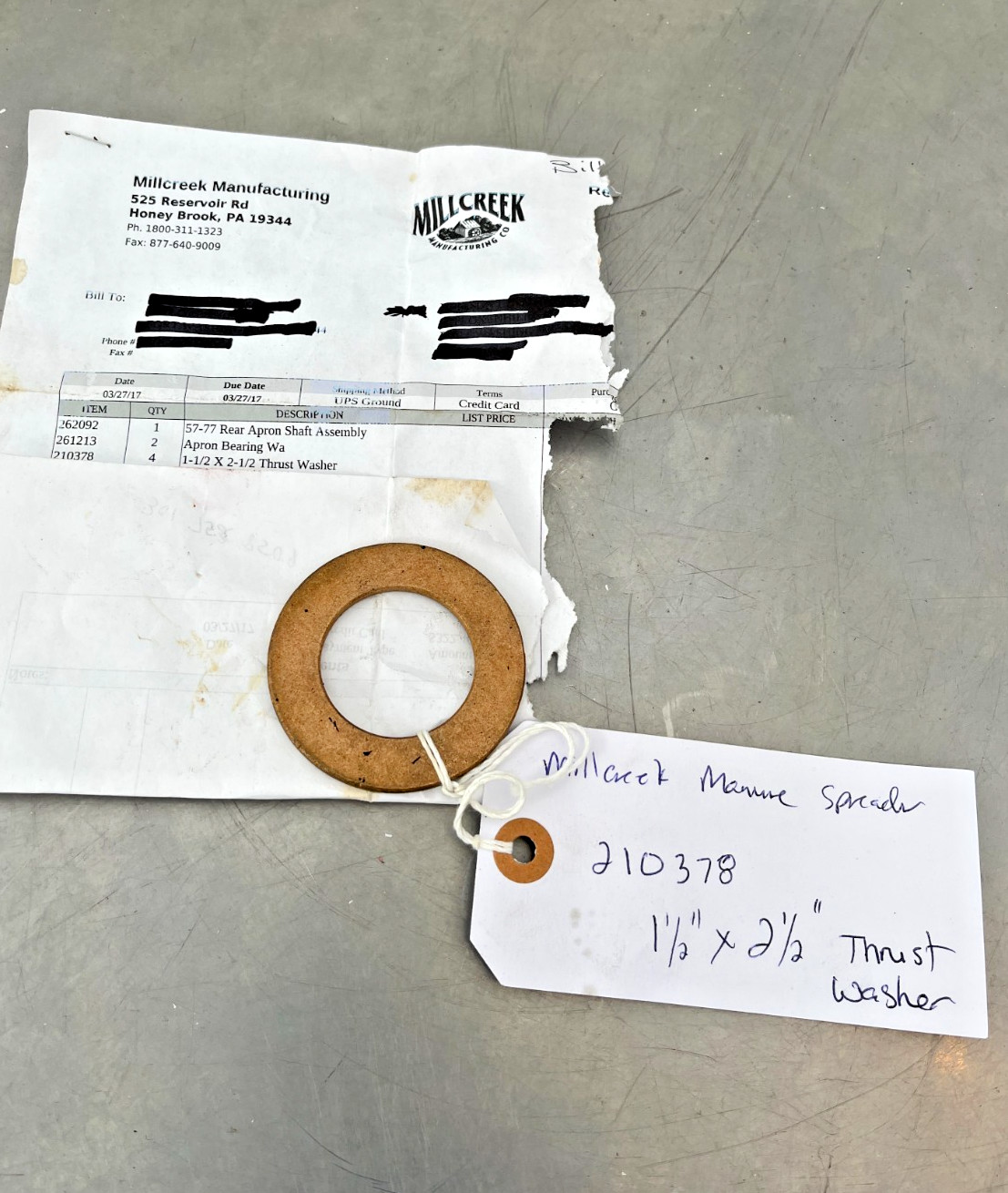210378  Millcreek Manure Spreader  THRUST WASHER  1.5" x 2.5"