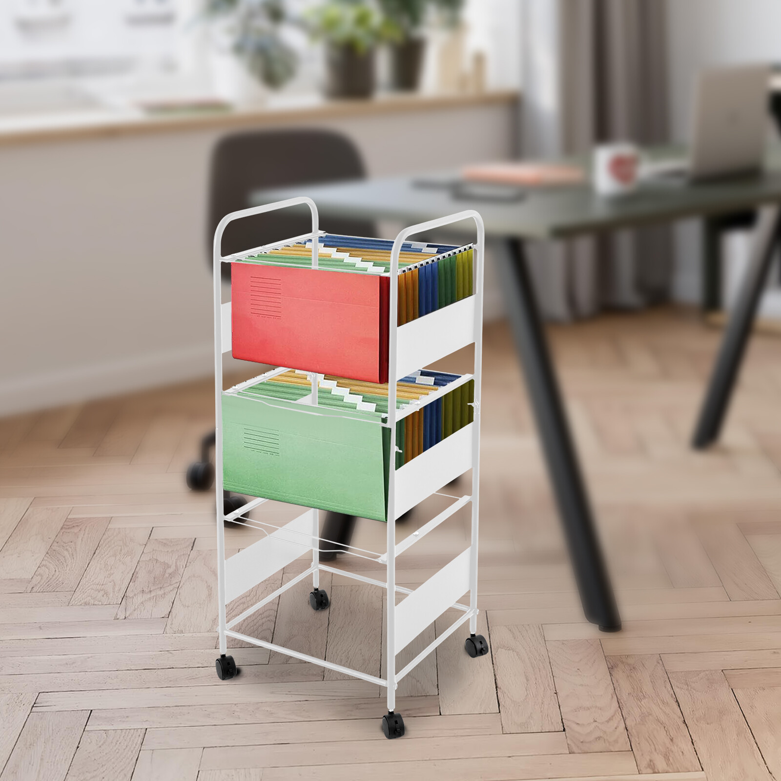 3 Tiers Metal Rolling File Carts with Wheels Hanging Files Folder Rack Drawer