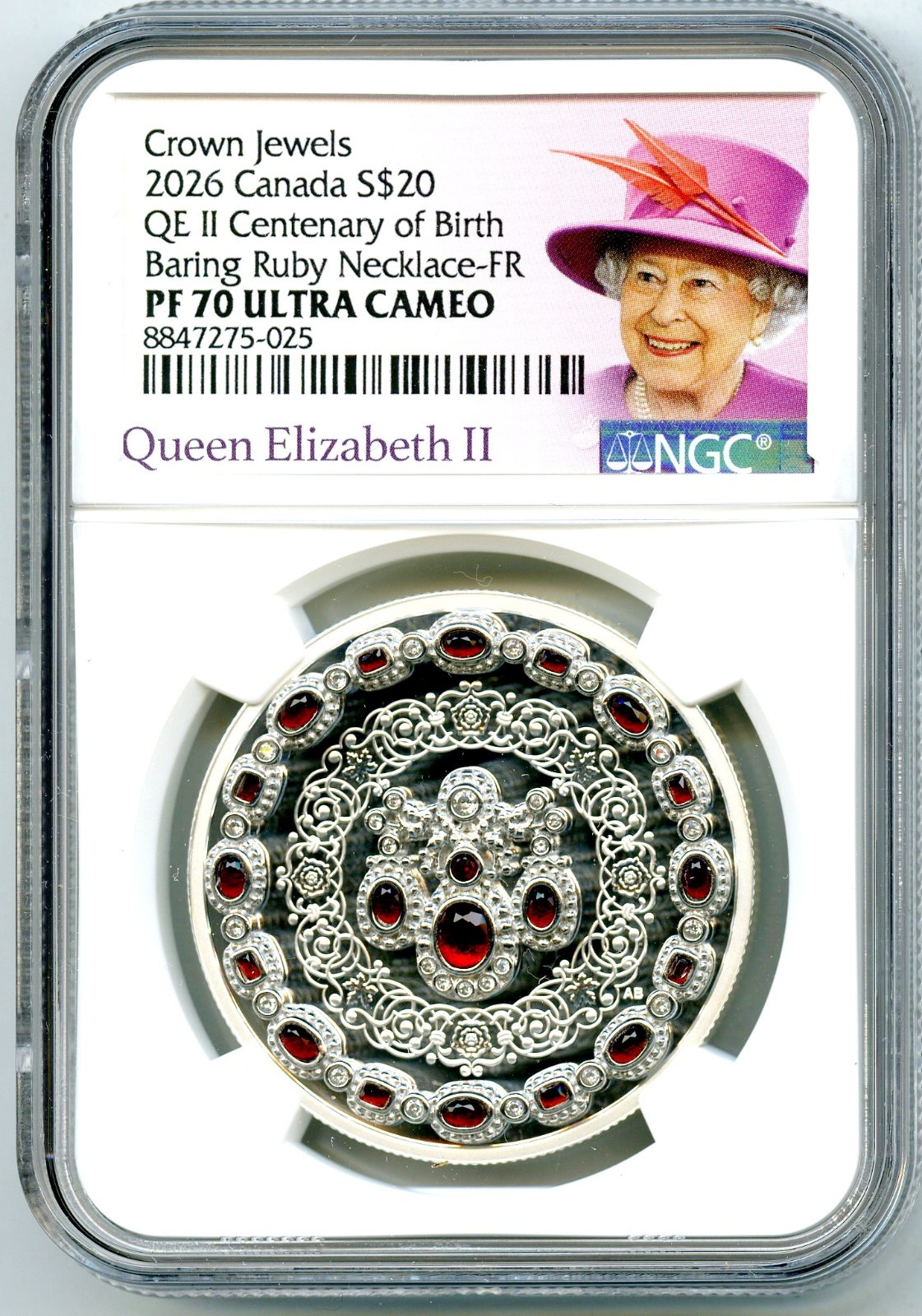 2026 $20 CANADA 1 OZ SILVER PROOF NGC PF70 UCAM QEII BARING RUBY NECKLACE - FR
