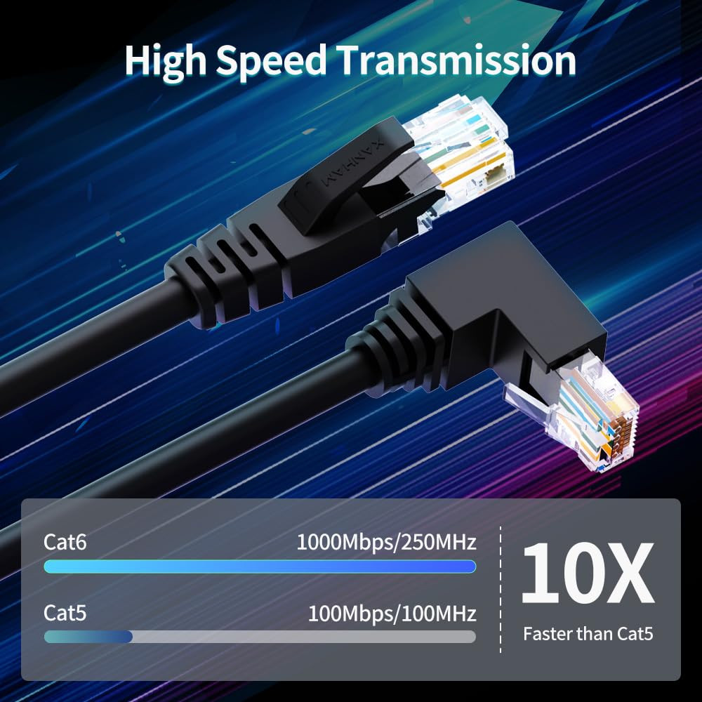 90 Degree Cat 6 Ethernet Cable Upward Angle 10FT RJ45 Network Patch Cord Down...