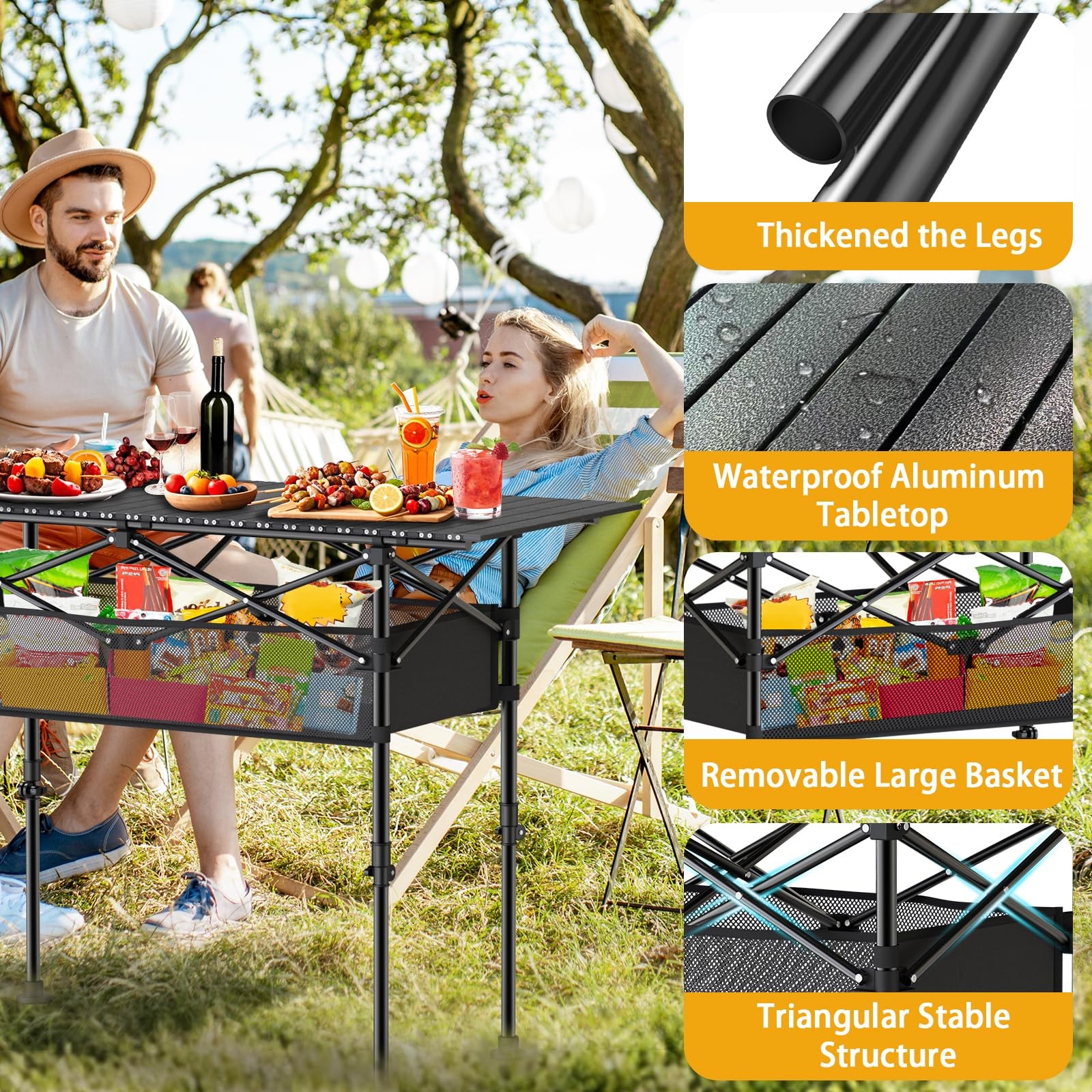 Height Adjustable Camping Table, Outdoor Folding 47" x 22" x 38", Black