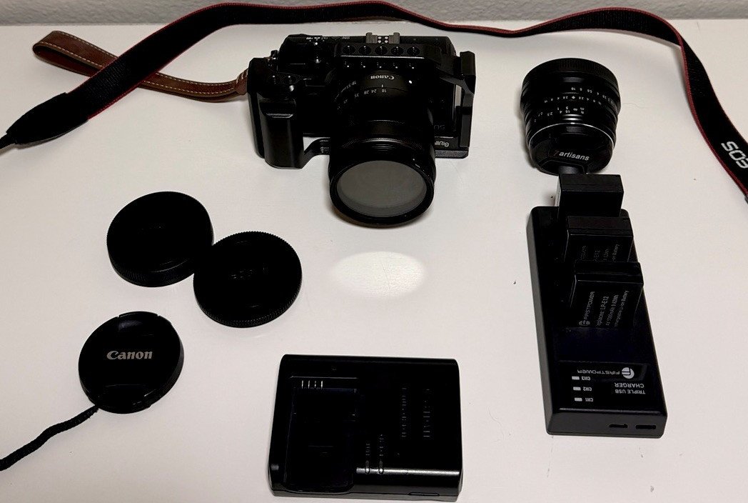 Canon EOS M Bundle 18-55mm + 7artisans 25mm f/1.8, LP-E12, Cage