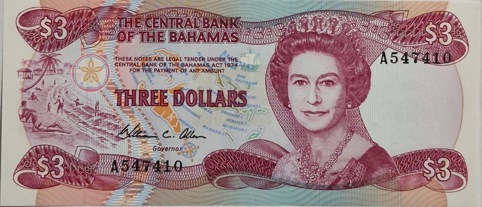 Bahamas Banknote 3 Dollars L 1974 UNC P-44a   -B29