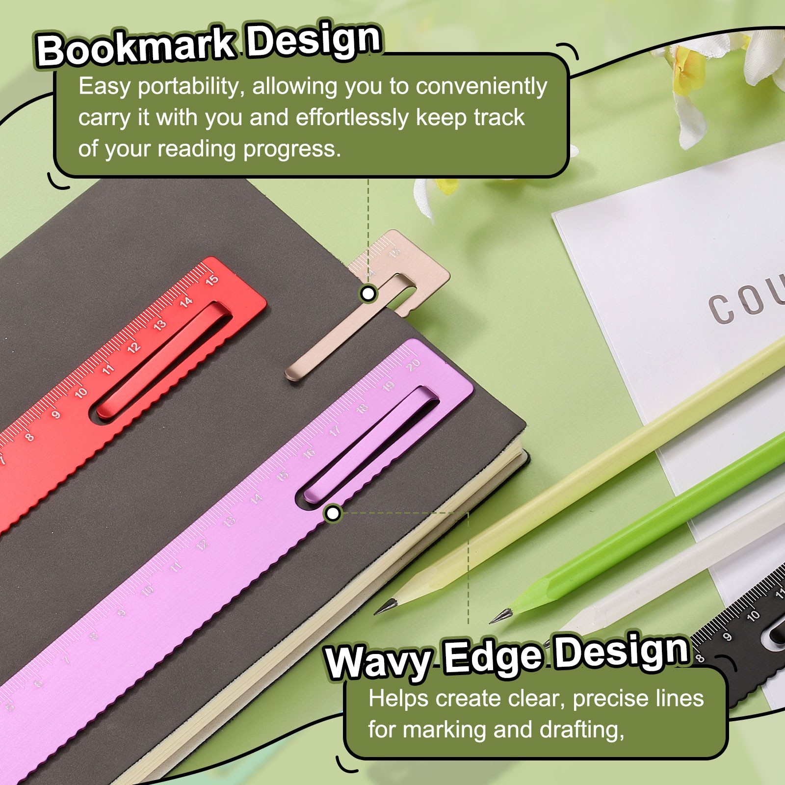 Straight Ruler 20cm Metric Bookmark Clip Ruler Black