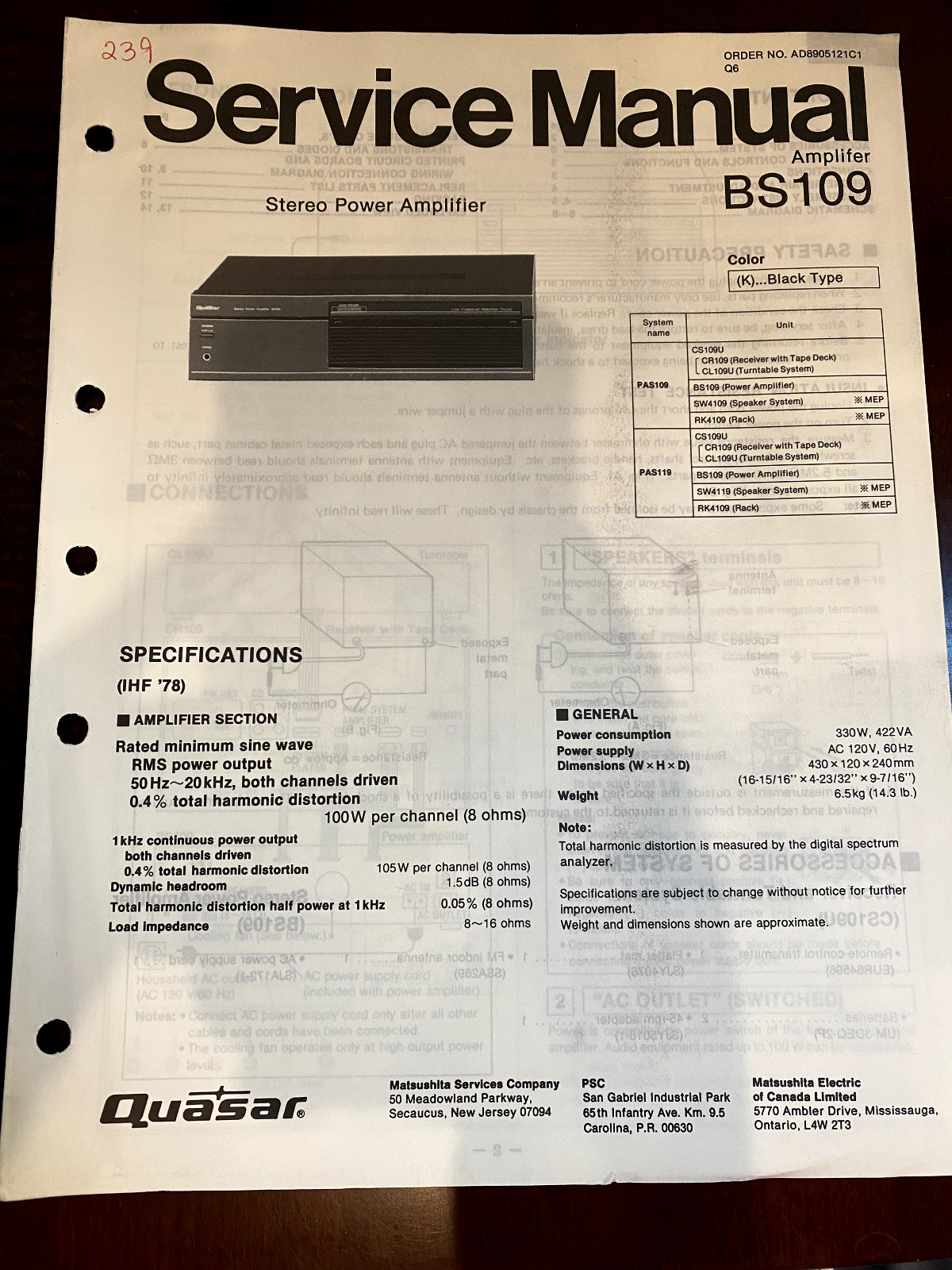 QUASAR BS109 BS-109 Service Manual FROM THE USA **ORIGINAL**