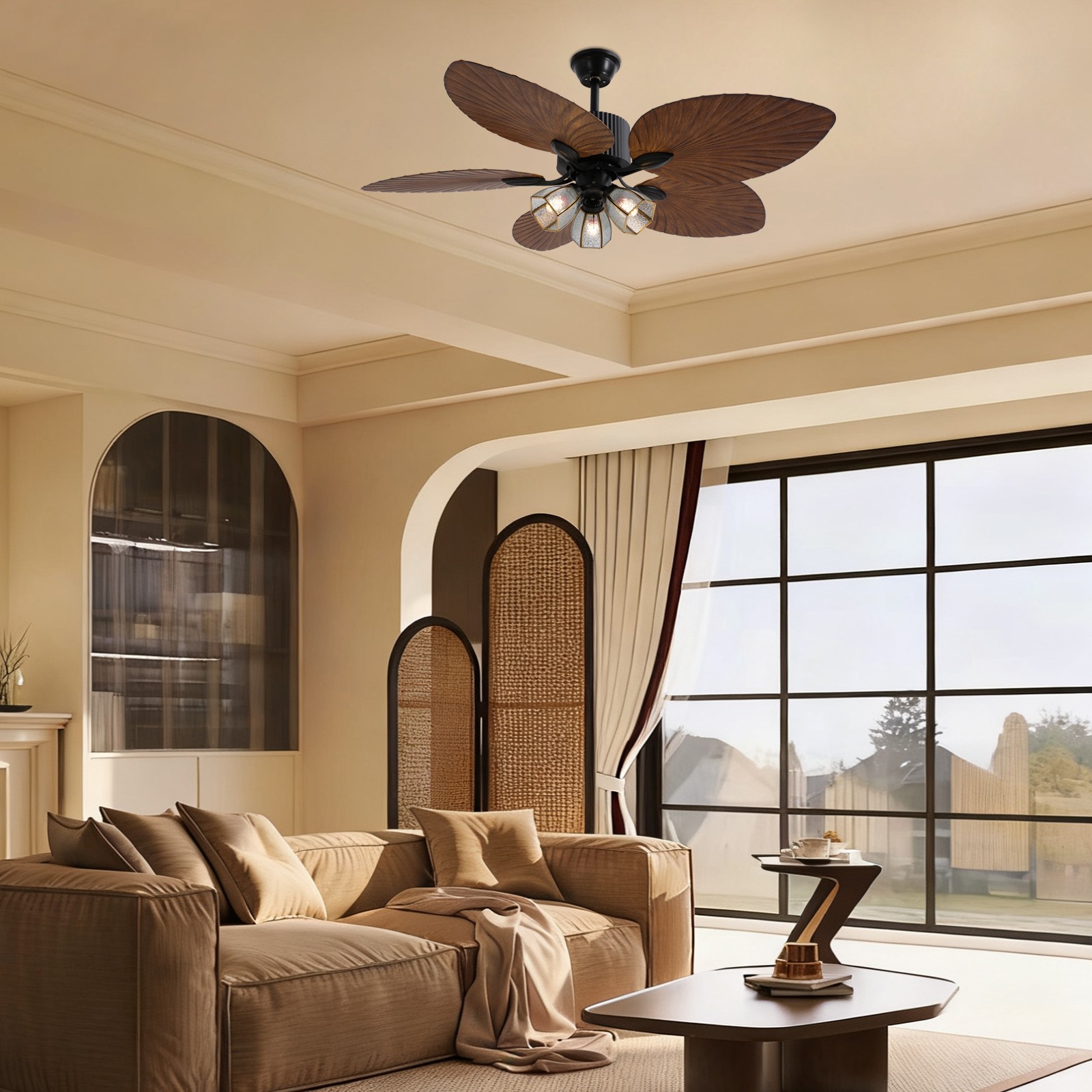 52'' Ceiling Fan w/ LED Light With Remote Control 5 Blades Tropical Palm Leaf