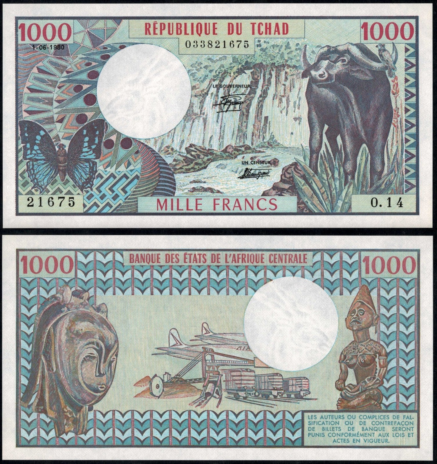 Chad 1000 Francs 1980, Buffalo & Mask Design, BEAC Issue, XF Condition