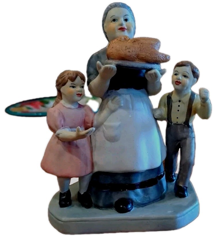 Thanksgiving Figurine Grandma Carring Turkey With Grandkids 6  In Tall