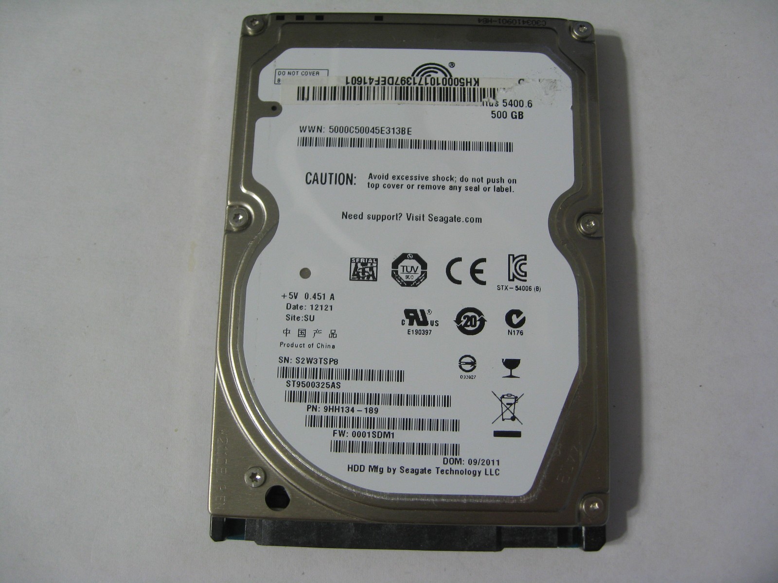 Seagate 500GB SATA 5400rpm, ST9500325AS, S2W3TSP8, 9HH134-189, 0001SDM1 (H62-05)